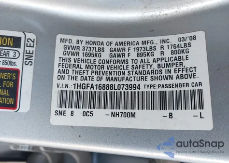 2008 Honda Civic Ex z USA, uszkodzony, nr VIN 1HGFA16888L073994